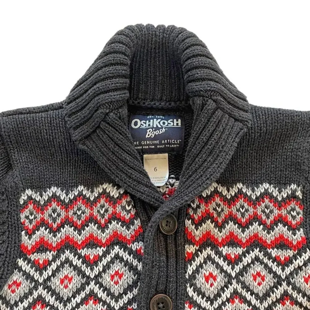 OshKosh B'gosh Cotton Fair Isle Gray Button Down Shawl Collar Cardigan, Preppy 6